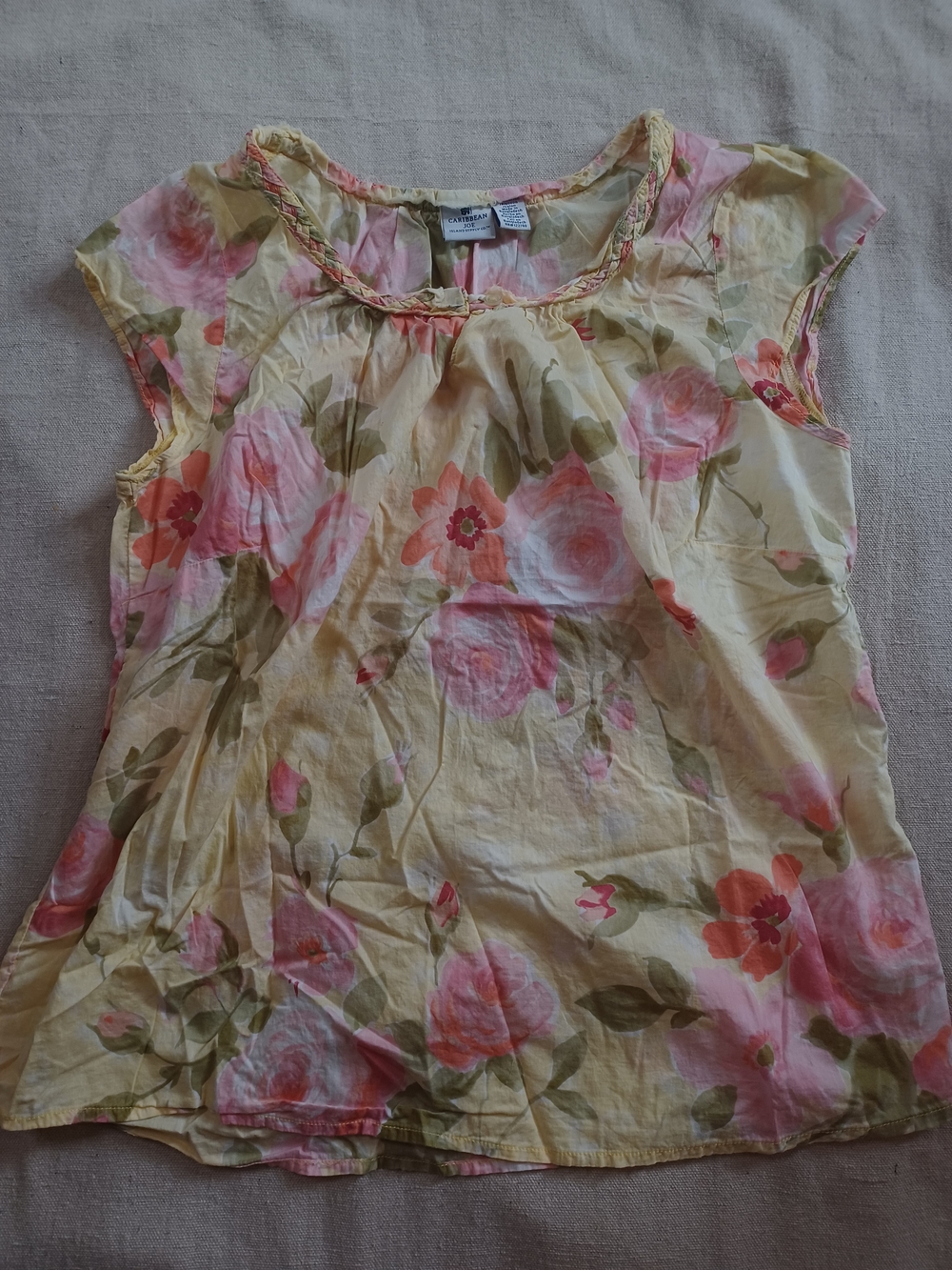 Caribbean Joe Yellow Floral Cap-Sleeve Blouse with Pink Roses Women's Size Large